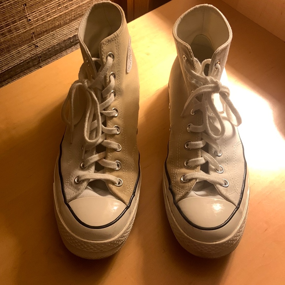 Converse half brown and white high top shoes